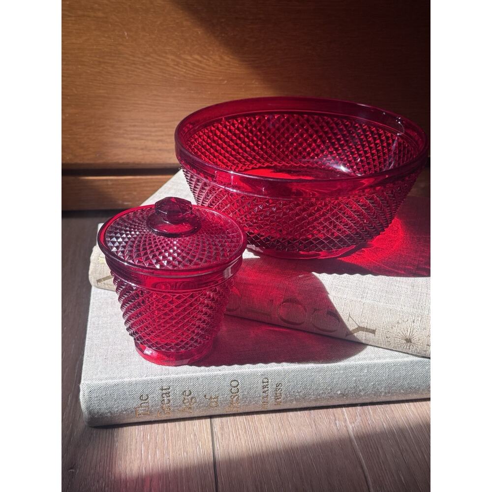 Vintage Estate European Ruby Red Art Glass Bowl Covered Dish Diamond Point Set - Picture 16 of 16